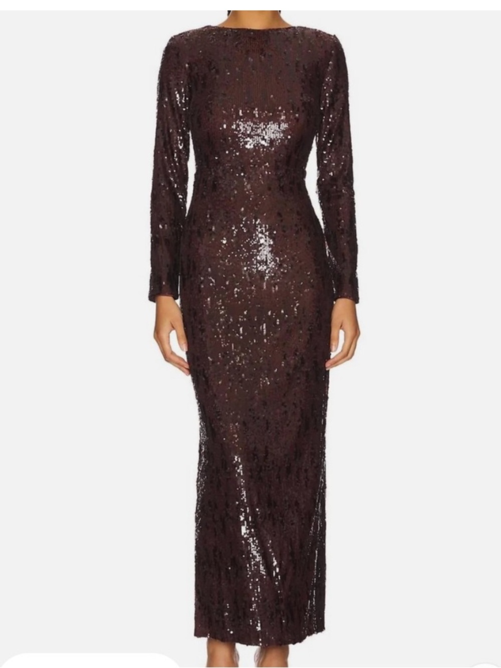 Elegant Long-Sleeve Sequin Evening Dress in Dark Brown